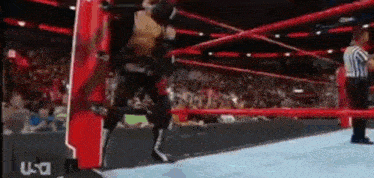a wrestler is jumping over the ropes of a wrestling ring while a referee watches .