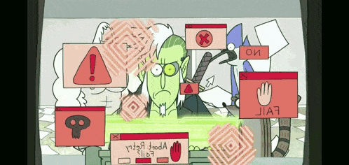 a cartoon of a man surrounded by warning signs including one that says ' jia7 ' on it