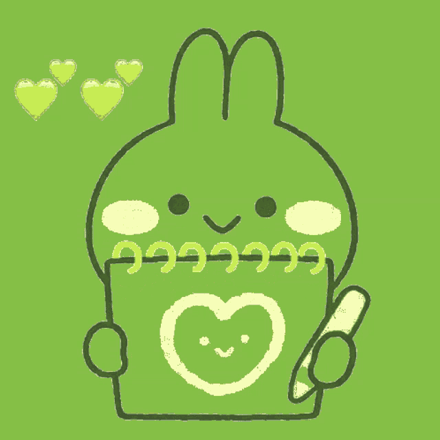 a drawing of a green bunny holding a notepad and a pencil
