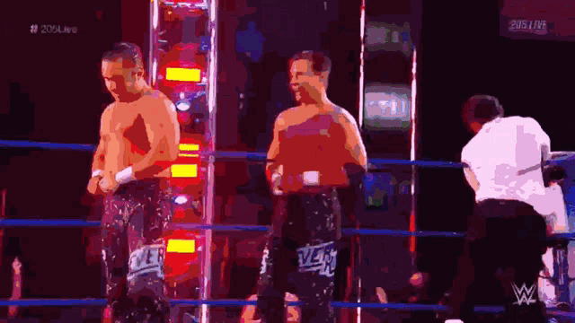 two men are standing in a wrestling ring with a 205 live logo on the bottom