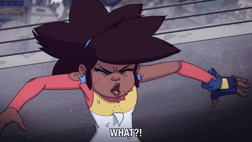a cartoon character says " what " while making a face