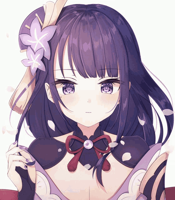 a girl with purple hair and blue eyes has a flower on her head