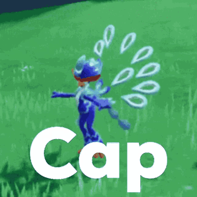 a cartoon character with a peacock feather and the word cap above him