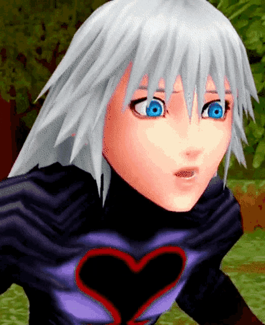 a cartoon character with white hair and blue eyes has a heart on her chest
