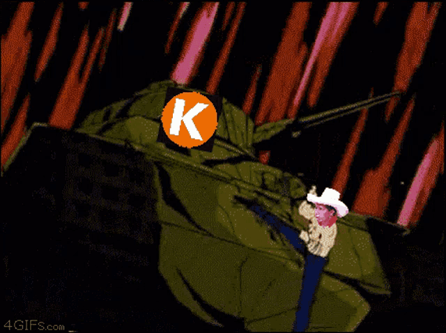 a man in a cowboy hat is riding a tank with the letter k on it