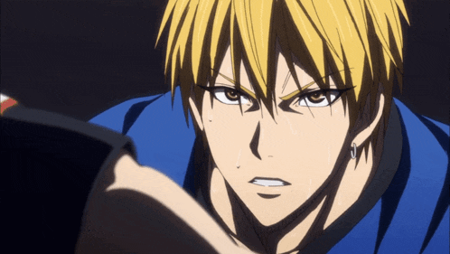 a close up of a yellow haired anime character