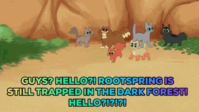 a group of cartoon cats standing next to each other with the caption " guys hello "