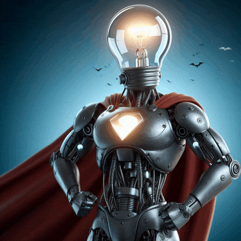 a robot with a light bulb on its head and a cape