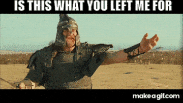 a man in armor is standing in a field with the words is this what you left me for