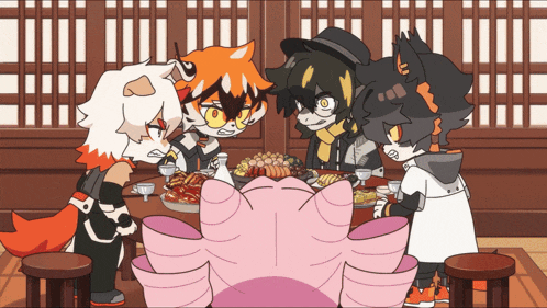 four cartoon characters are sitting around a table with food