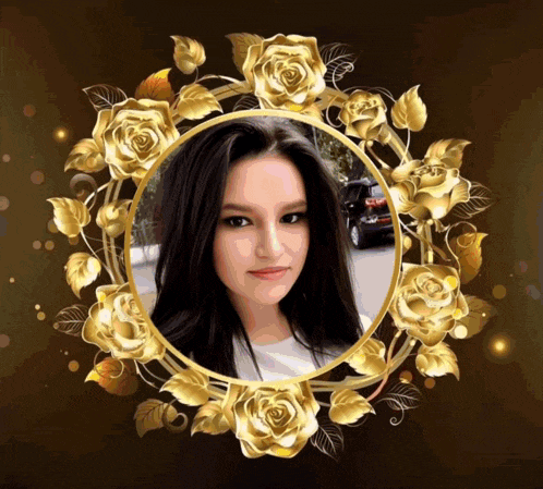 a woman 's face is surrounded by gold roses on a dark background