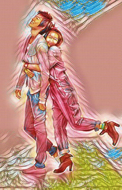 a man is carrying a woman on his back in a painting