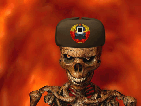 a skeleton wearing a military hat with a square on it