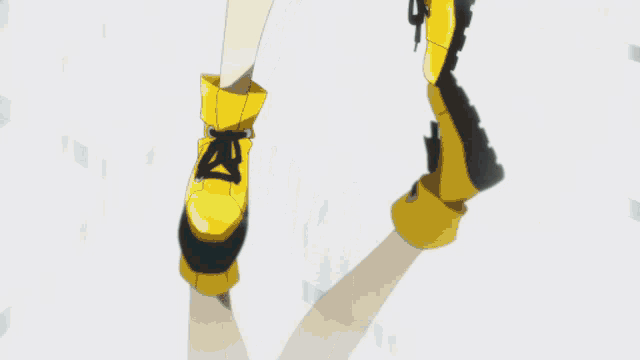 a woman in yellow boots is holding a cane in her right hand