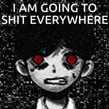 a black and white image of a person with red eyes and the words `` i am going to shit everywhere '' .