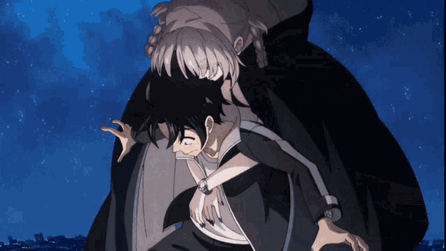 a man and a woman are hugging each other in front of a starry night sky