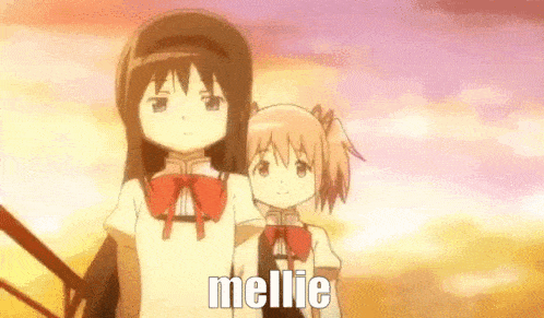 a couple of anime girls standing next to each other with the words mellie written on the bottom .