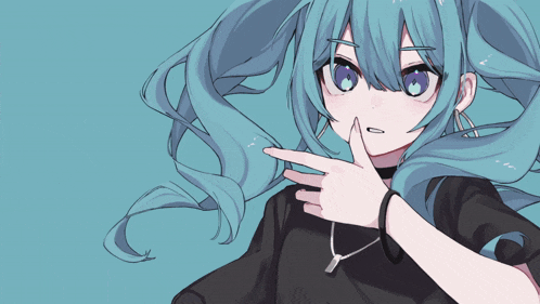 a girl with blue hair is wearing a black shirt and a choker