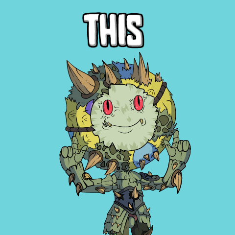 a cartoon of a monster with horns and red eyes says this