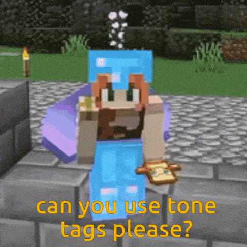 a minecraft character is asking if you can use tone tags please .