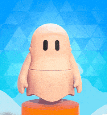 a cartoon ghost with two black eyes is standing on an orange cylinder