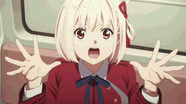 a girl with short white hair and red eyes is making a surprised face