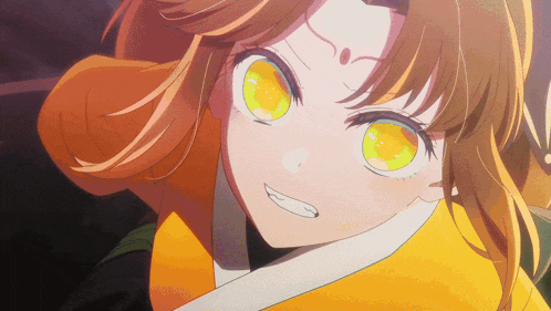 a girl with orange hair and yellow eyes looks at the camera