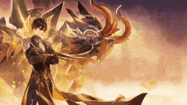 a man in a suit is standing next to a large dragon