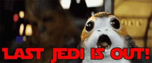 a close up of a bird with the words last jedi is out in red