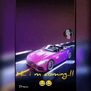 a phone screen shows a pink sports car and the words " i 'm coming !!! "