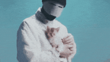a man wearing a mask holds a kitten in his arms