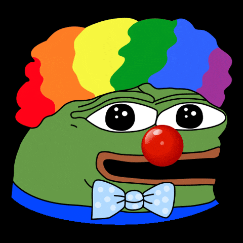 a green frog wearing a clown costume with a red nose