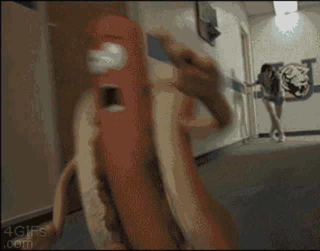 a 4gifs.com image of a hot dog being held by a person