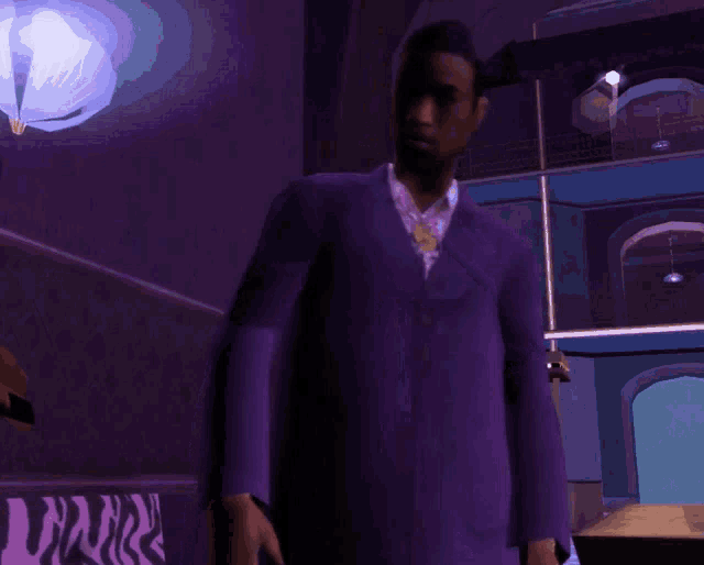 a man in a purple suit is standing in a dark room with a sign that says ' dance ' on it