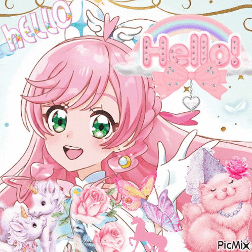 a girl with pink hair is surrounded by unicorns roses and butterflies with the words hello written above her
