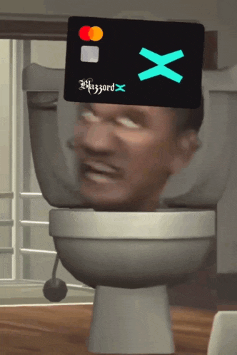 a man is sitting on a toilet with a credit card on his head that says wikizard x