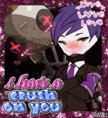 a picture of a boy with purple hair and the words i have a crush on you on it