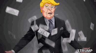 a man in a suit and tie is surrounded by money and the word trump is above him