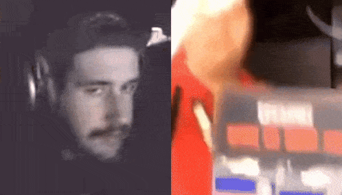 a close up of a man 's face next to a blurry picture of a person 's hand .