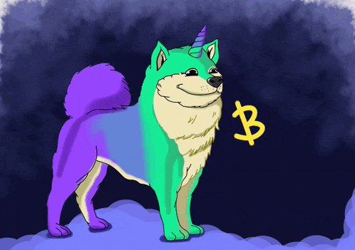 a dog with a unicorn horn and a dollar sign behind it
