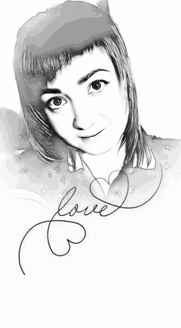 a black and white drawing of a woman with the word love written on it