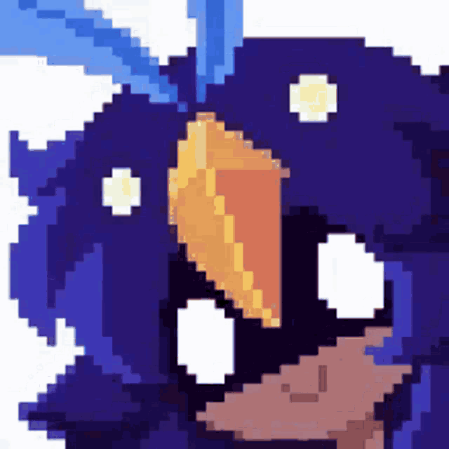 a pixel art of a blue bird with a yellow beak and white eyes