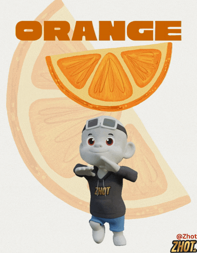 a cartoon character is standing in front of an orange slice with the word orange above him