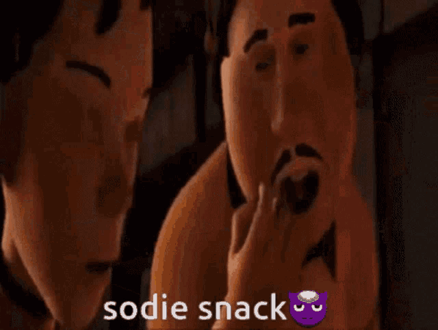 a cartoon character says sodie snack in a purple emoji