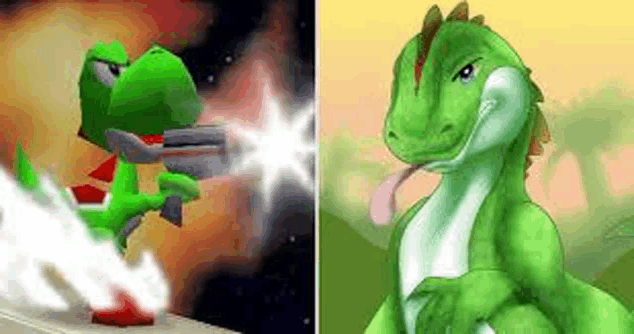 a green dinosaur is holding a gun next to a picture of a dinosaur with a tongue sticking out .