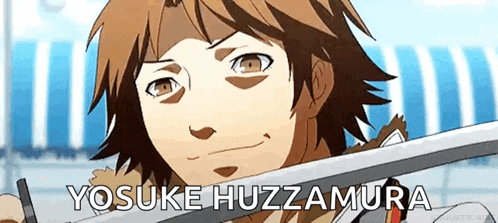 a close up of a person holding a sword with the name yosuke huzzamura on the bottom