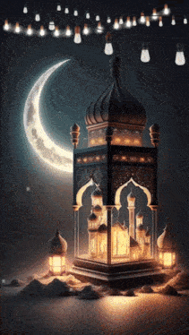 a picture of a castle with lanterns and a crescent moon