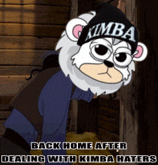 a cartoon bear wearing a hat that says kimba on it