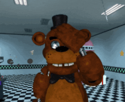 a brown teddy bear wearing a top hat is standing in a room with a checkered floor