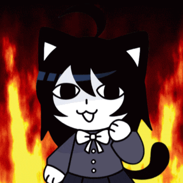 a cartoon of a black and white cat with flames behind it